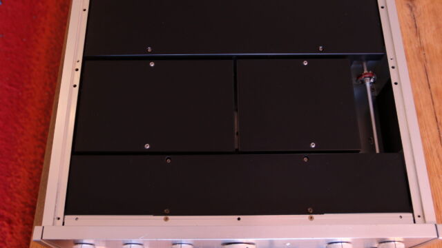 Top view of Accuphase C-200 preamplifier showing the shielding covers inside